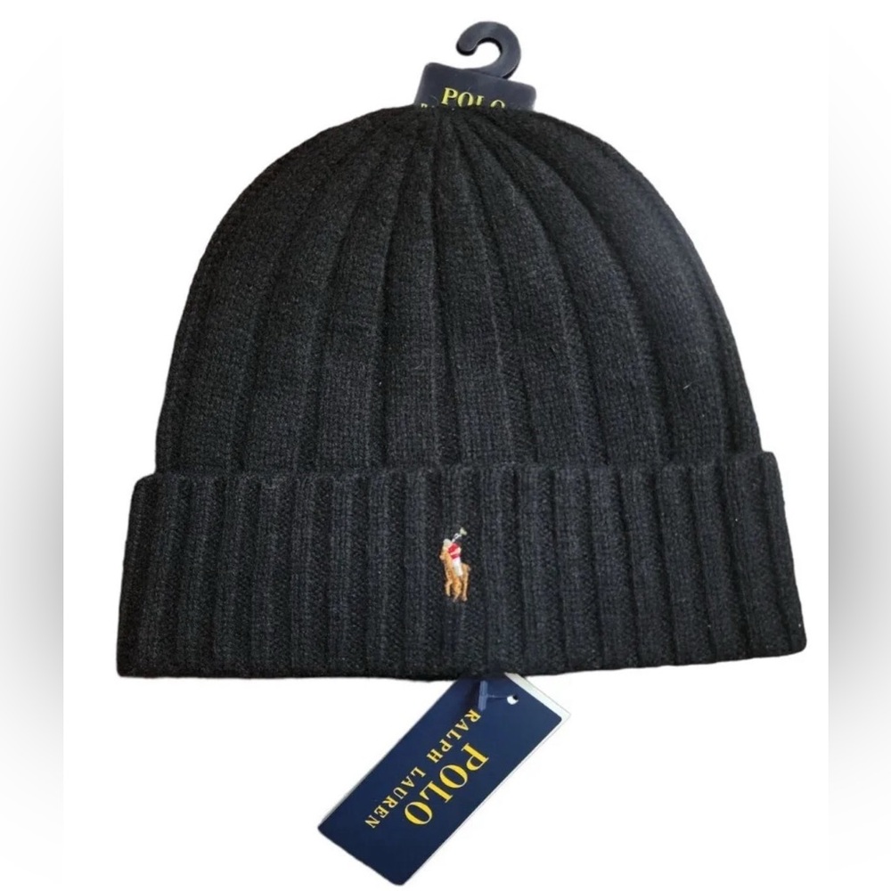 Polo Ralph Lauren Men's Black Wool Blend Ribbed Cuff Knit Beanie Hat RL Pony NWT